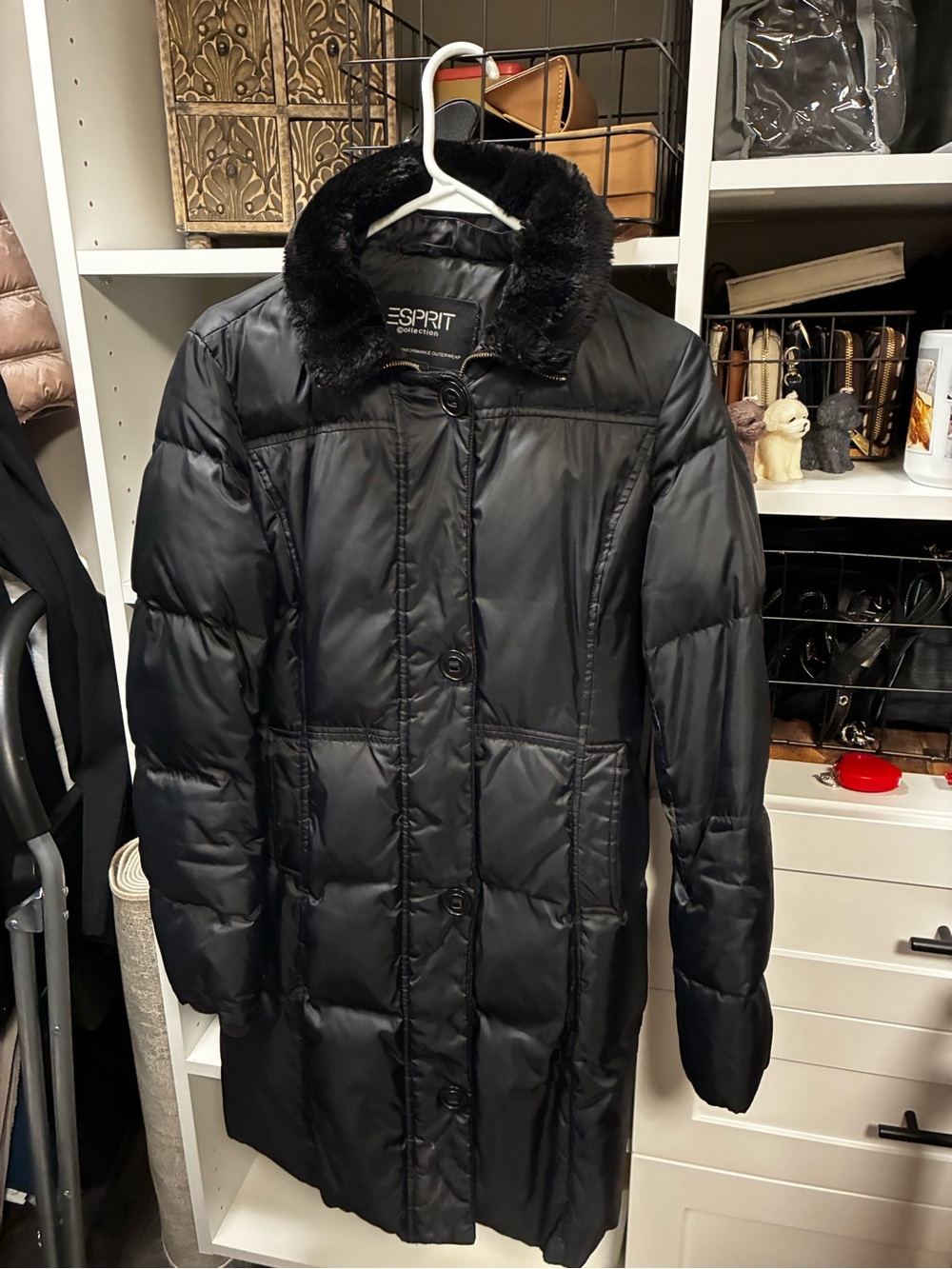 Esprit Black Long Puffer Coat with Faux-Fur Collar